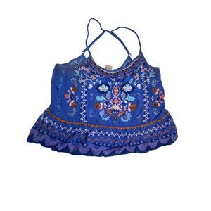 Flying Tomato Boho Cropped Tank Top Medium Blue Orange Rayon